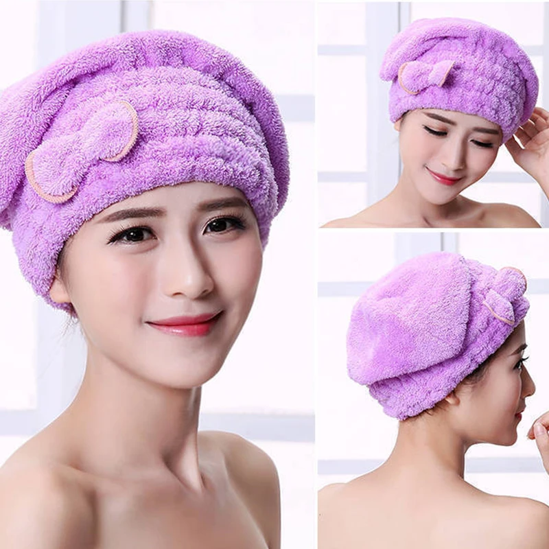 

Quick Dry Hair Turban Cap Women Bowknot Coral Fleece Bath Cap Super Absorbent Microfiber Hair Wrap Towel Hat for Long Curly Hair