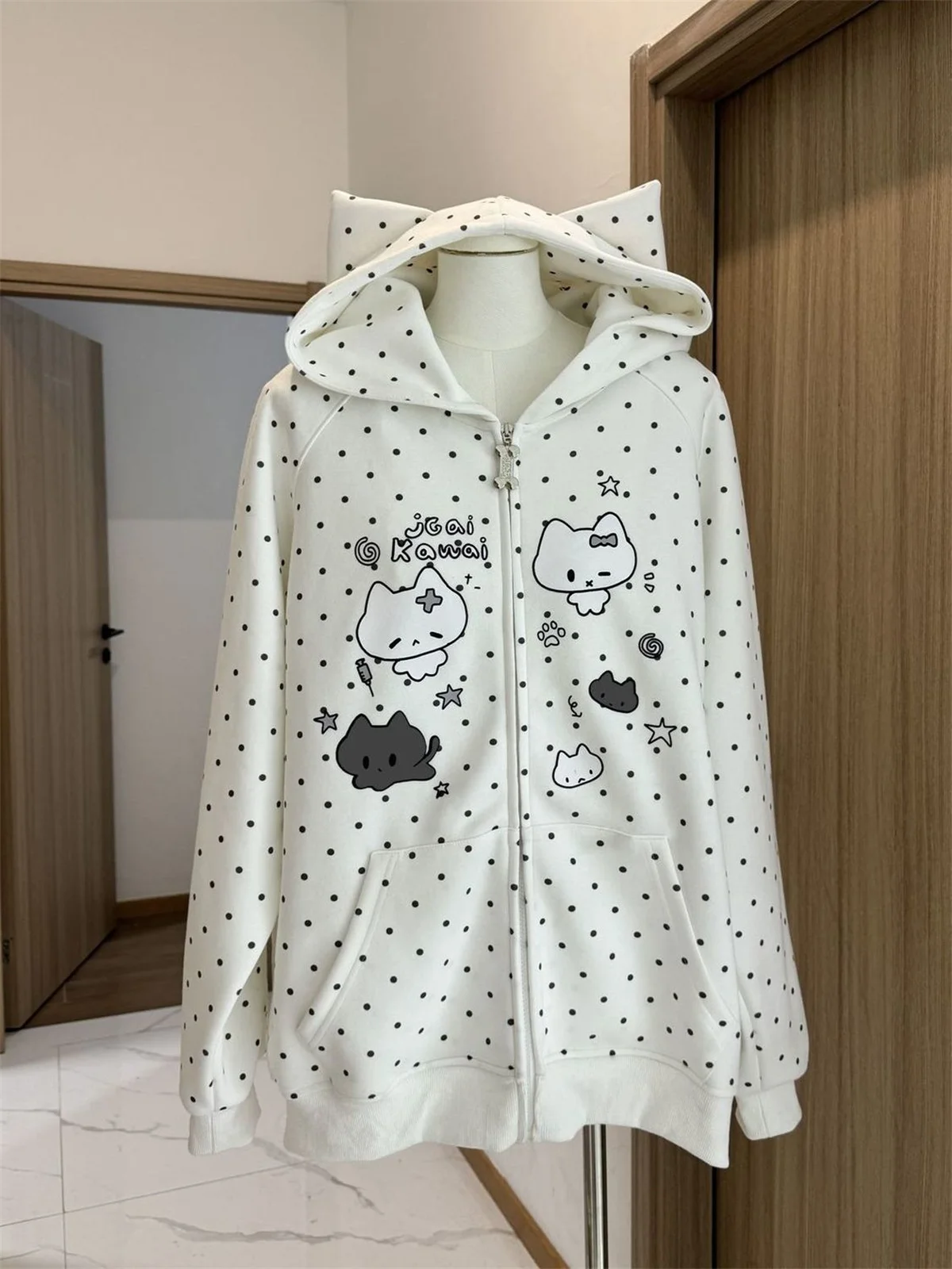 Japanische Y2k Hoodies Jacken Frauen Kleidung Polka Dot Katze Drucken Sweatshirts 2025, Ropa Mujer Casual Chic Mit Kapuze Nette Hoodie Tops