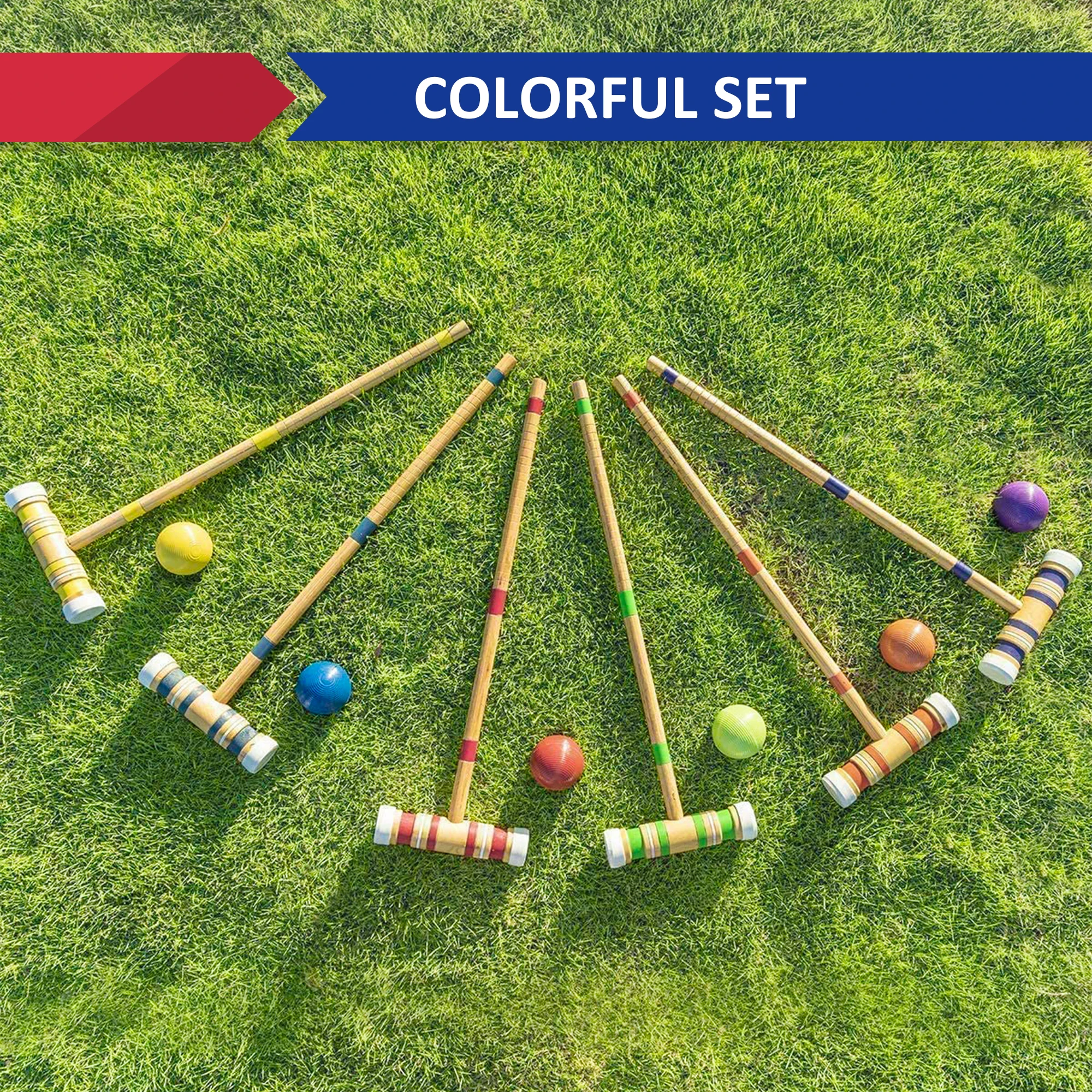 6人用クロッケーセット 木製マレット、カラーボール付き、大人 - Croquet Set Lawn のレビューと価格