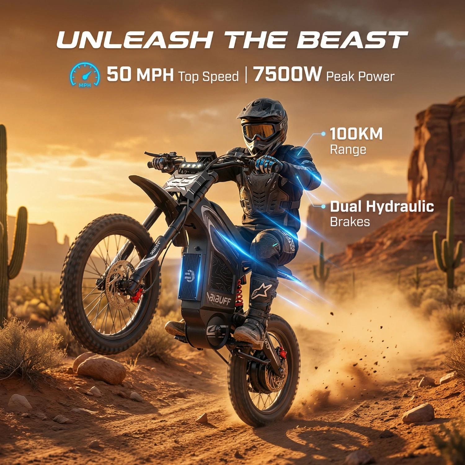 ZYLVRO BIBUFF GT600 Elektro-Dirtbike 72V 30Ah 500W (Spitzenleistung 7500W) Motor Doppelte Hydraulische Scheibenbremse Vollfederung Offroad-Elektromotorrad für Erwachsene, Schwarz