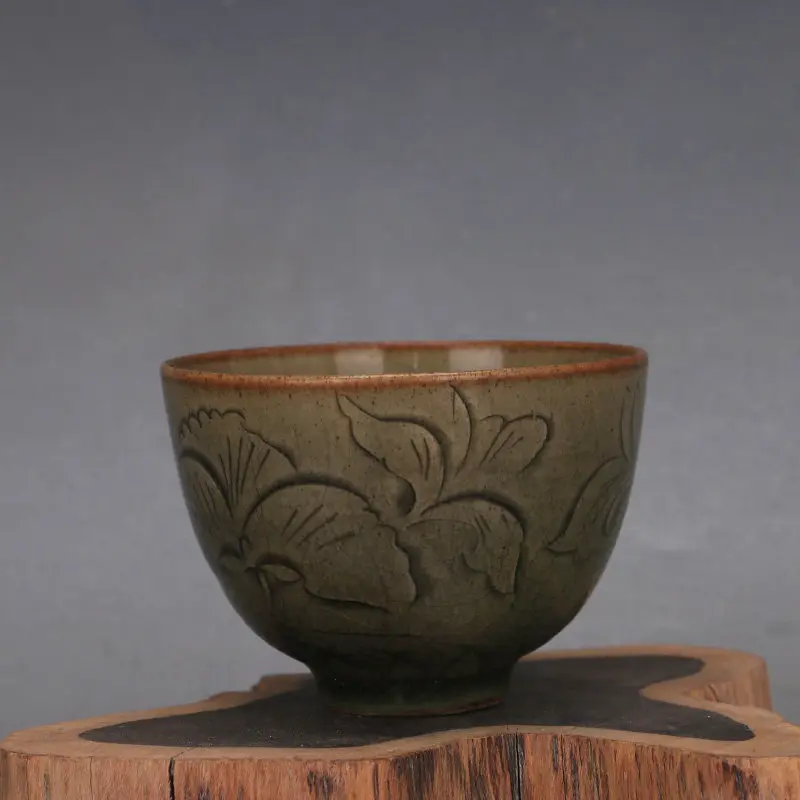 Antique Style Celadon Glaze Carved Flower Vine Tea Cup Set Yaozhou Ware Home Decor Collectible