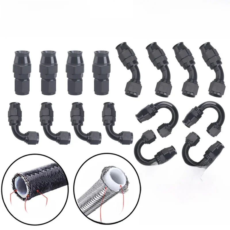 4 pièces AN4/6/8/10/12 droites/45 ° /90 ° /180 ° Adaptateur de raccord d'extrémité de tuyau réutilisable, pour raccord d'extrémité de tuyau pivotant en PTFE pour conduite d'huile et de carburant