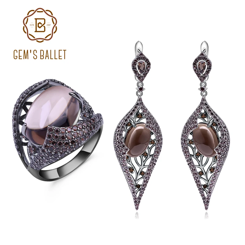 GEM'S BALLET Natural Smoky Quartz Vintage Gothic Punk Jewelry Set 925 Sterling Silver Earrings Ring Set For Women Fine Jewelry