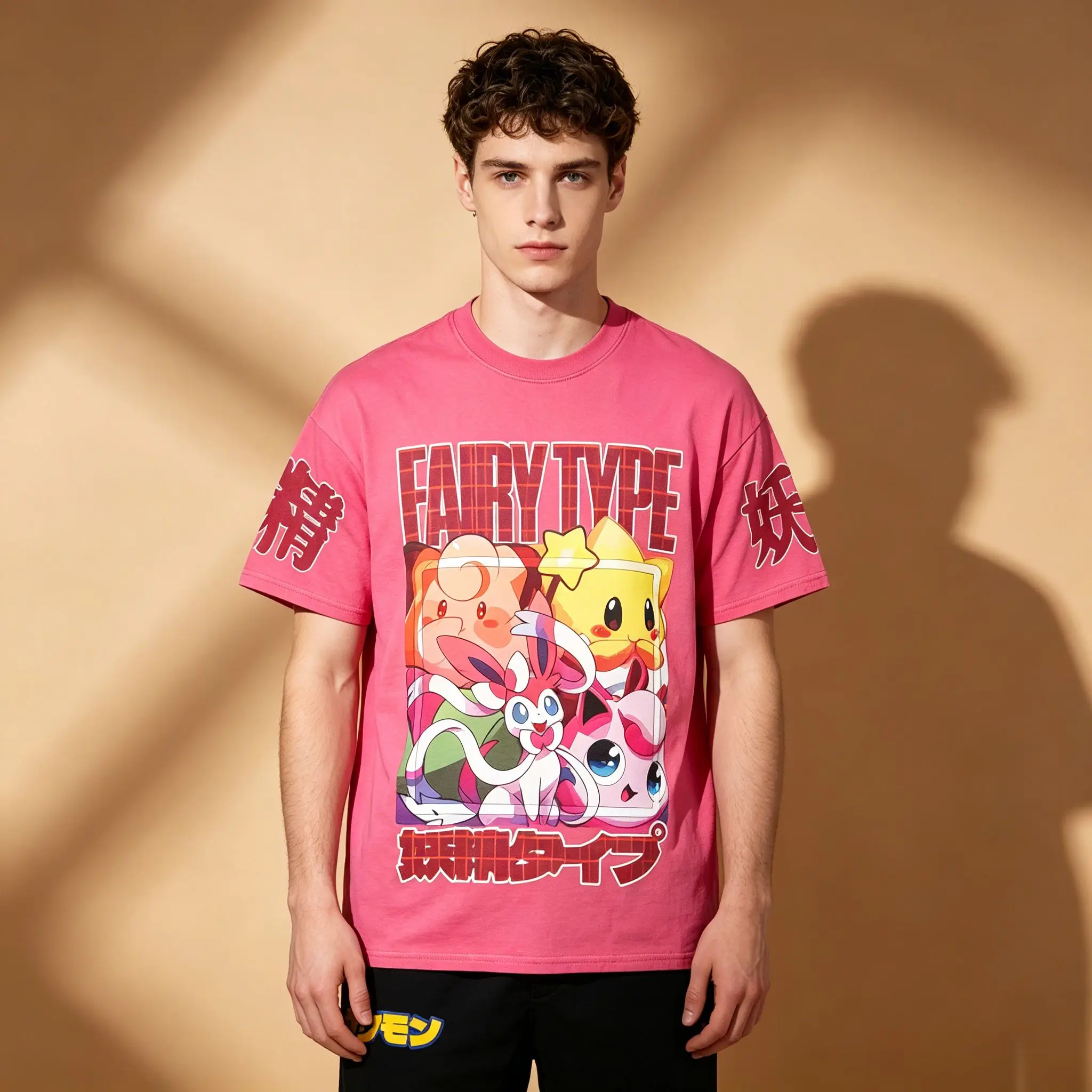 Herren-T-Shirt mit Rundhalsausschnitt, rosa Pokemon Fairy Type Sylveon Clefairy Anime, japanischer Kanji-Ärmeldruck, niedliches Otaku-Streetwear-Kurzshirt