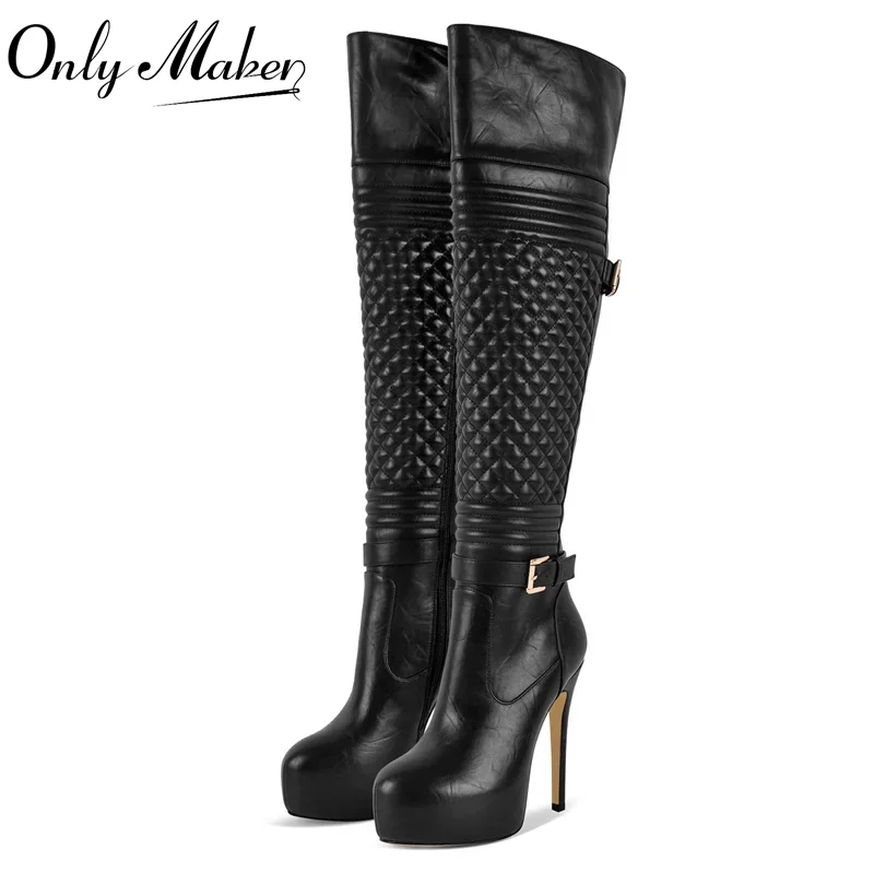 

Onlymaker Women Thin High Heel Platform Over The Knee Boots Lady Black Zipper Female Boots