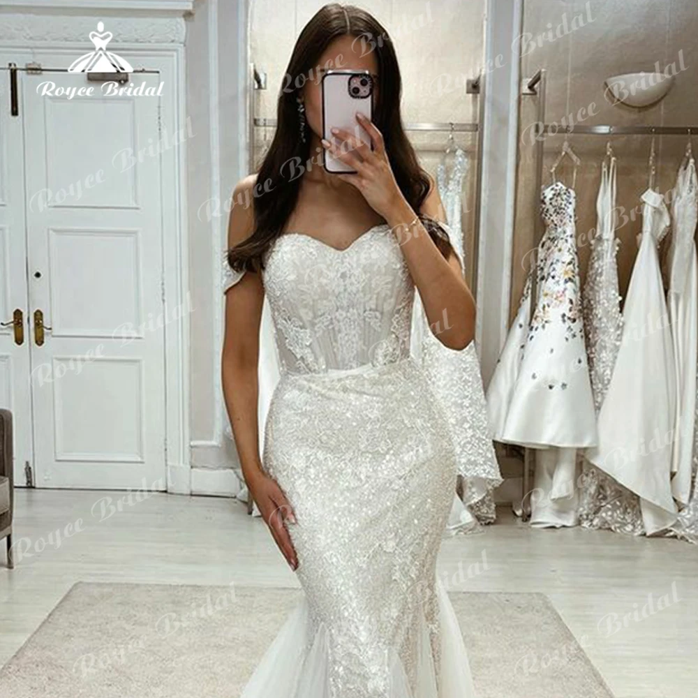 Gaun pengantin putri duyung renda Vintage, gaun pengantin Backless Glitter bahu terbuka, gaun pengantin Bodycon berkilau 2024