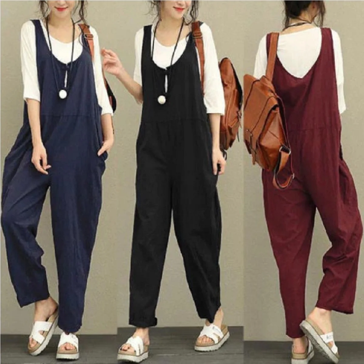 Loose Ladies Bib Pant Suspender Trouser Causal Female Women Sleeveless Wide Leg Romper Overalls Jumpsuit Streetwear Plus Size