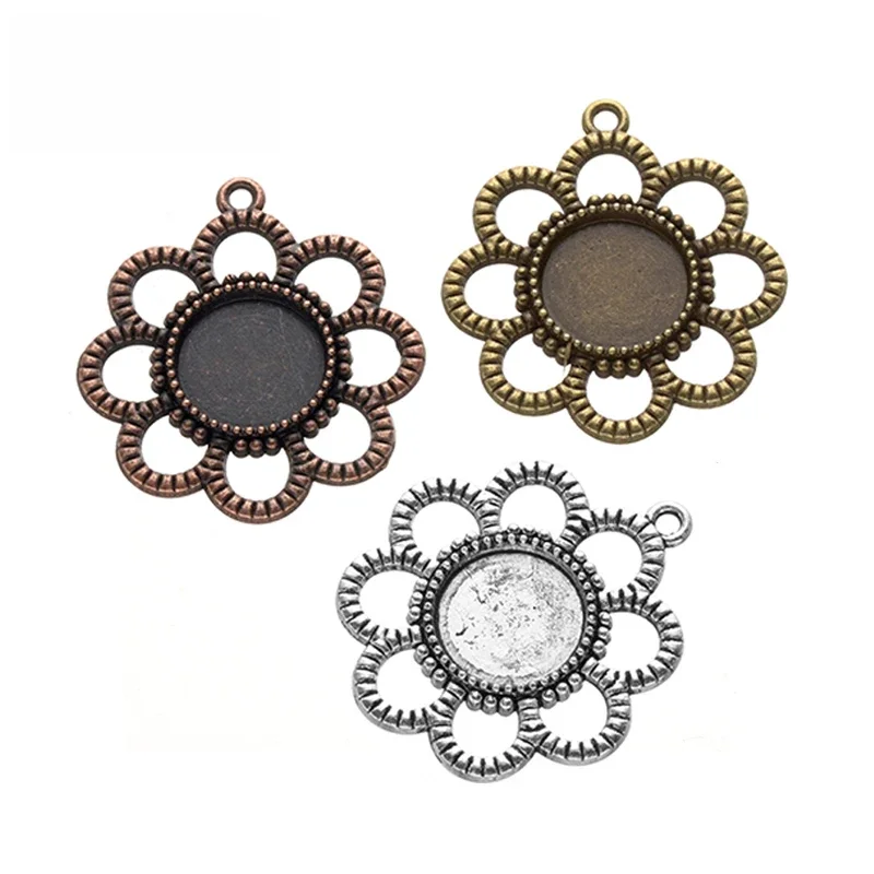 JUYA 10 sztuk/partia Fit 12mm okrągły Cameo Cabochon podstawa taca Bezel pusty naszyjnik kwiatowy wisiorek ustawienie DIY komponenty do wyrobu biżuterii — zdjęcie 2