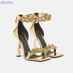 Metal Chunky Chain Square Toe Sandals Stiletto High Heels Back Zipper Ankle Strap Solid Color Cover Heel Sexy Women Shoes Modern