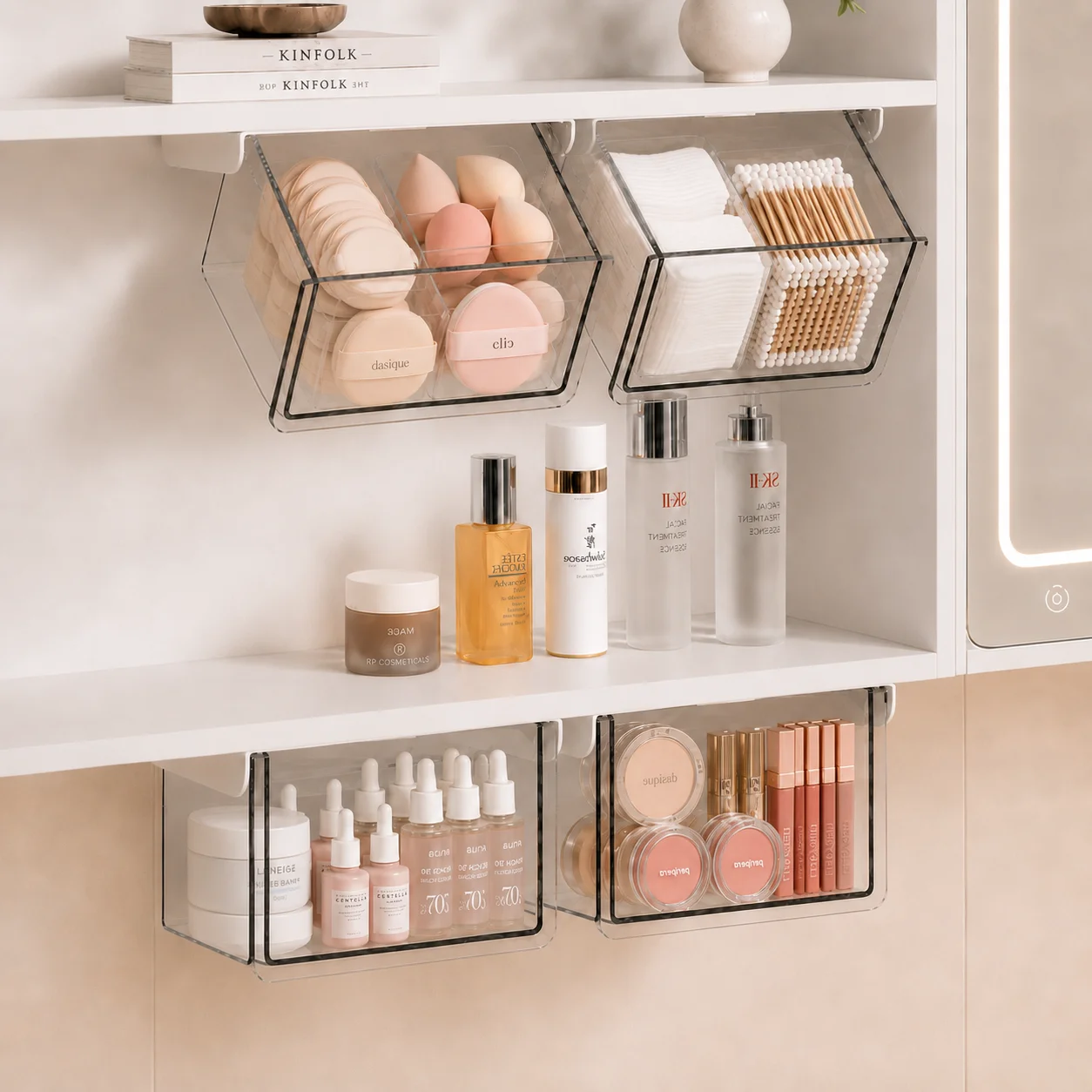 Clear PET Wall Mounted Storage Box No Drill Self Adhesive Pull Out Drawer Dustproof Waterproof Organizer for Bathroom Kitchen Va