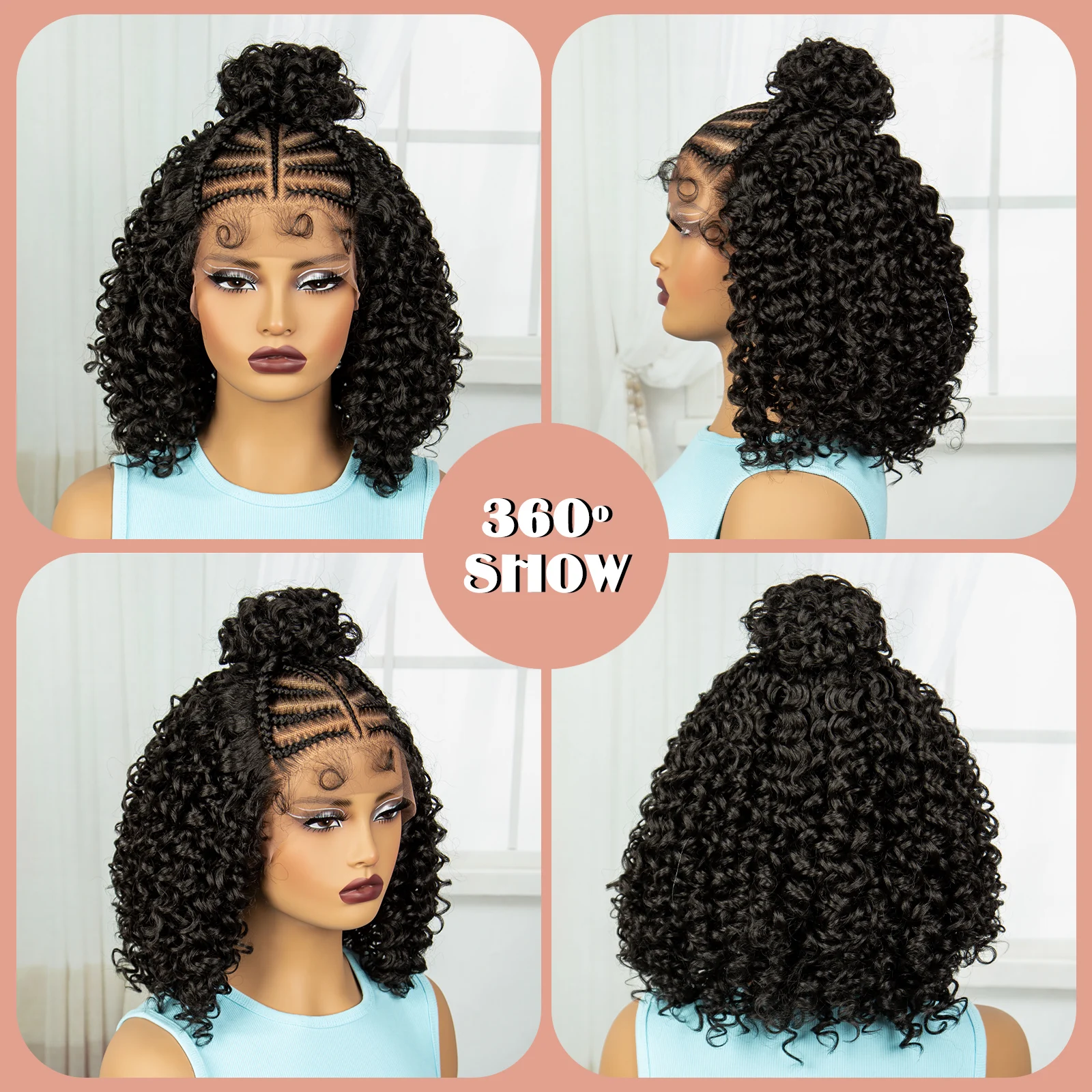 Cornrow Braids Wig 16inch Synthetic Afro Kinky Curly Braided Wigs with Baby Hair Lace Front Knotless Braided Wigs for Black Wome