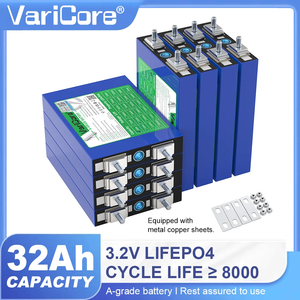 Lot de 8 batteries VariCore 3.2V 32Ah LiFePO4 Grade A, plus de 8000 cycles, pour systèmes solaires, VR, marine, véhicules électriques, chariots de golf, packs 12V/24V/48V, stock UE, sans taxes