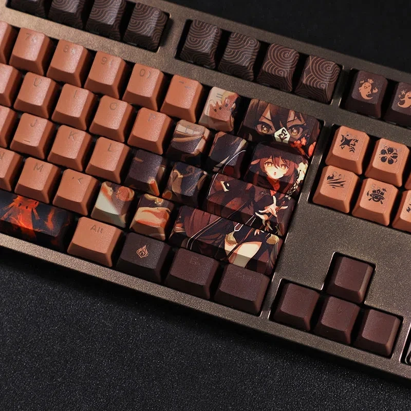 Game Genshin Impact Keycap Hutao Theme Light-Transmitting Cosplay Mechanical Keyboard Keycaps for 87/104/108 Key Collection Gift