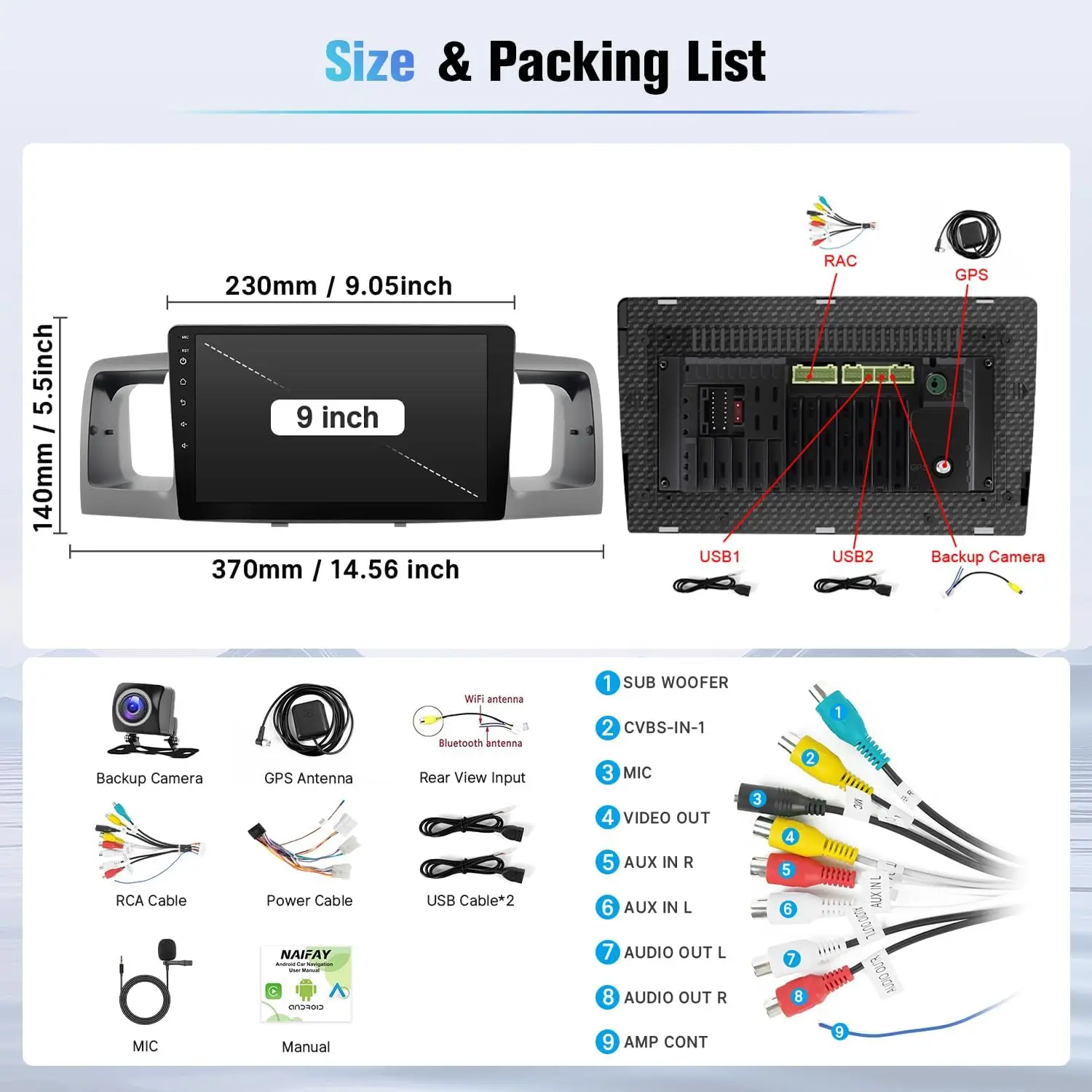 Tela de toque de 9 polegadas para Corolla 2003 2004 2005 2006 2007 2008 Estéreo de carro com GPS/Bluetooth/FM/WiFi/SWC (não cabe no sistema J.B.L)
