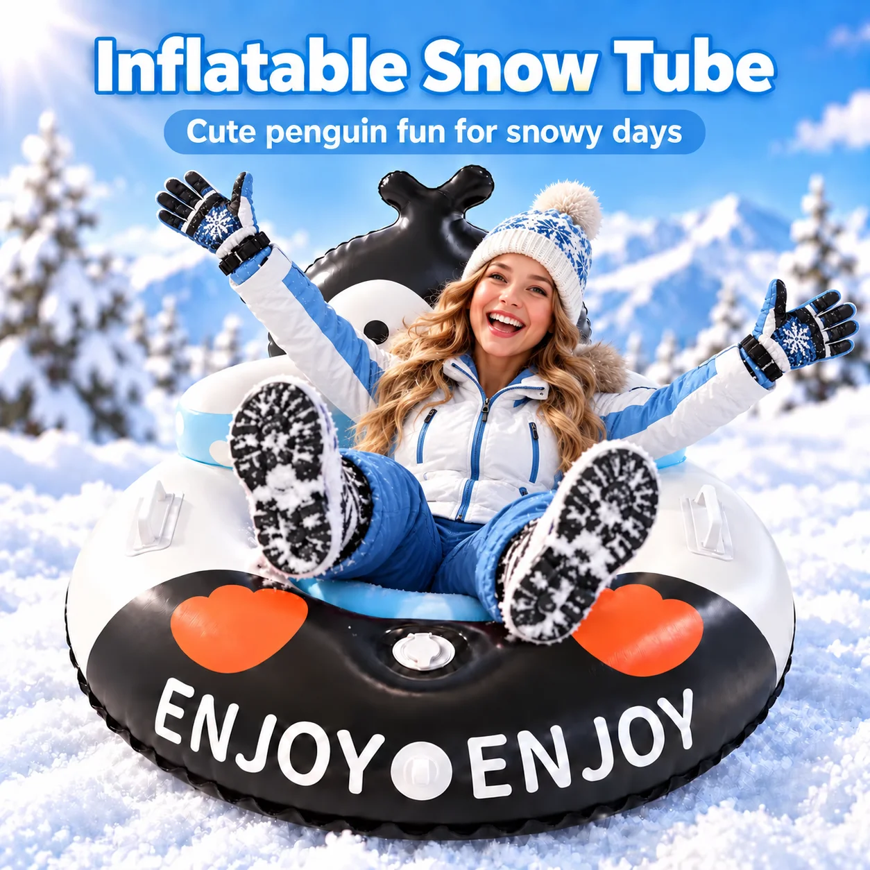 Inflatable Snow Tube Thickened PVC Material, Cute Penguin Pattern With Reinforced Handles, Quick Inflate Deflate For Winter Outd