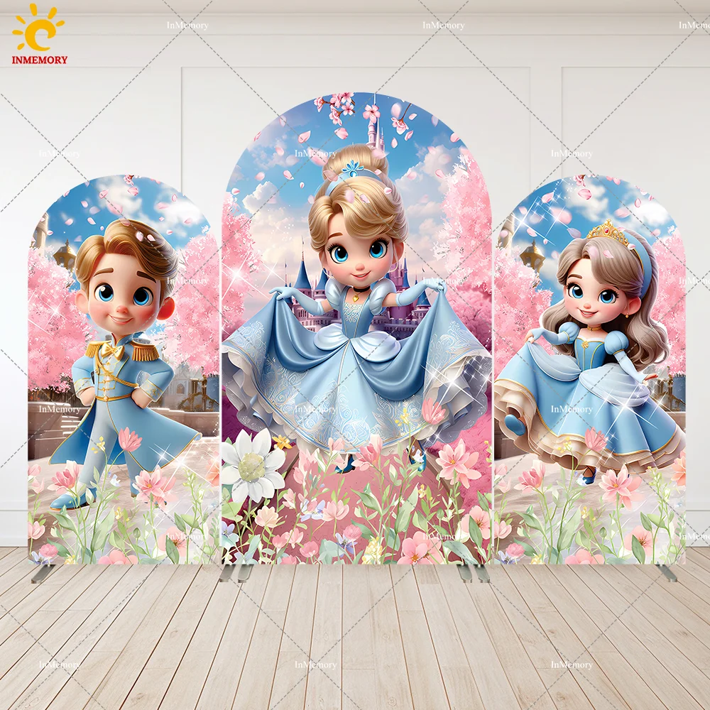 Baby Cinderella Birthday Party Arched Cover Backdrops for Girls Flowers Little Prince and Princess Arch Wall Background Banner