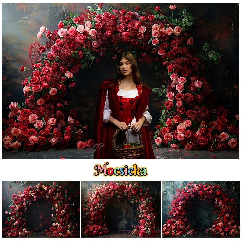 

Mocsicka Photography Background Red Arch Romantic Rose Wedding Festival Celebration Adult Portrait Decor Backdrop Photo Studio