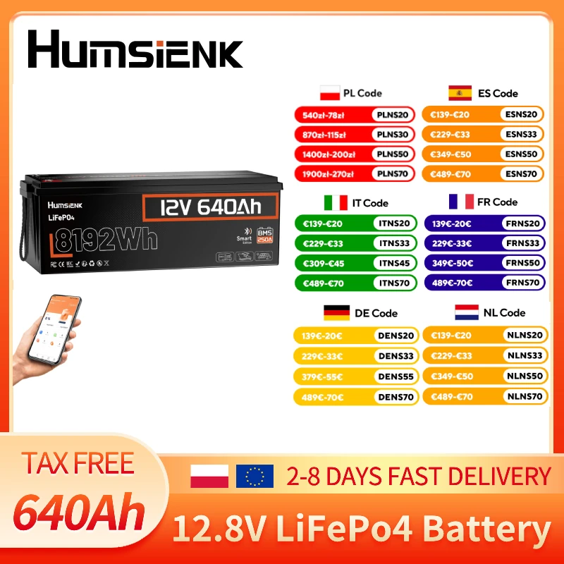 Humsienk 12V 640Ah LiFePO4 Lithium-Batterie mit Bluetooth, 250A BMS, 15000+ Zyklen, 600Ah+ LiFePO4-Akku, IP65 & Tieftemperaturschutz, Max. 8192Wh Ausgangsleistung Perfekt für Off-Grid, Heim-Backup,
