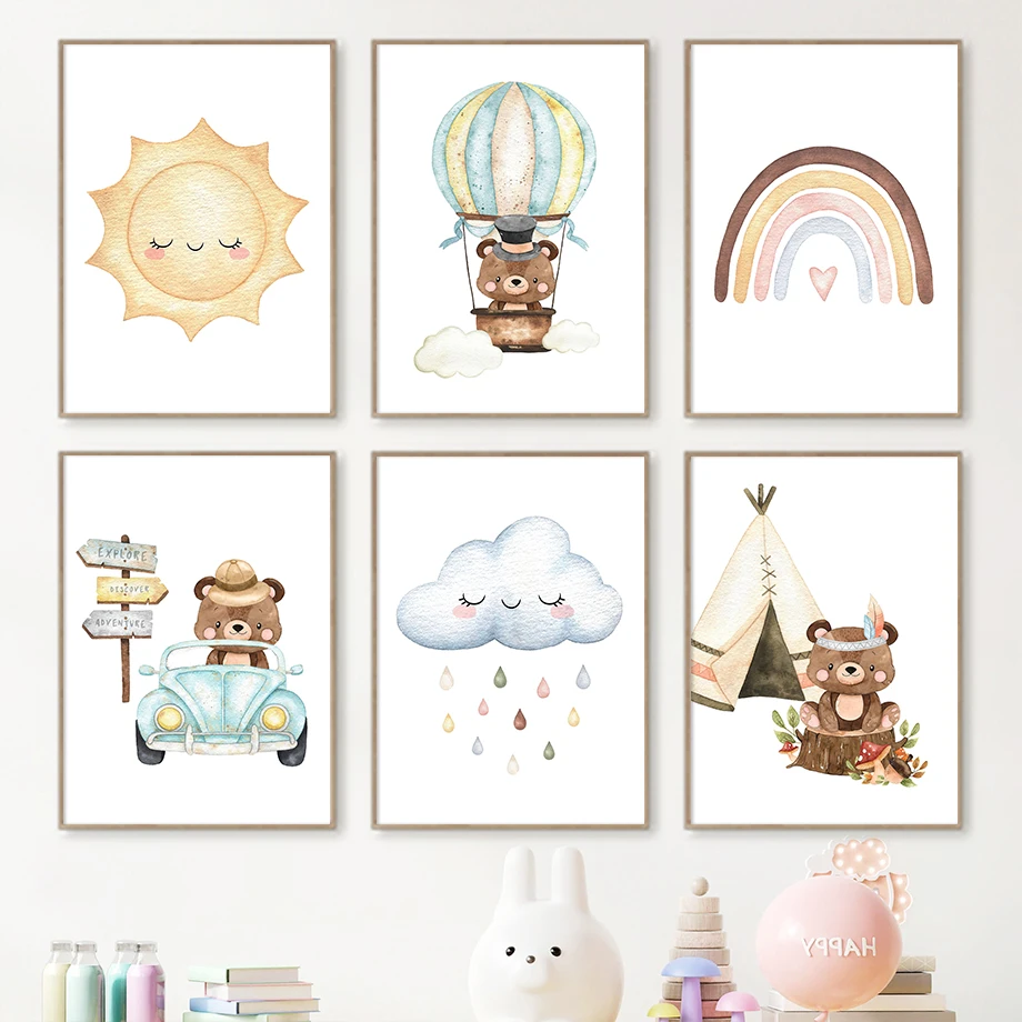 

Montessori Cartoon Sun Clouds Rainbow Baby Bear Car Nursery Art Canvas Painting Posters Prints Wall Pictures Kids Room Decor