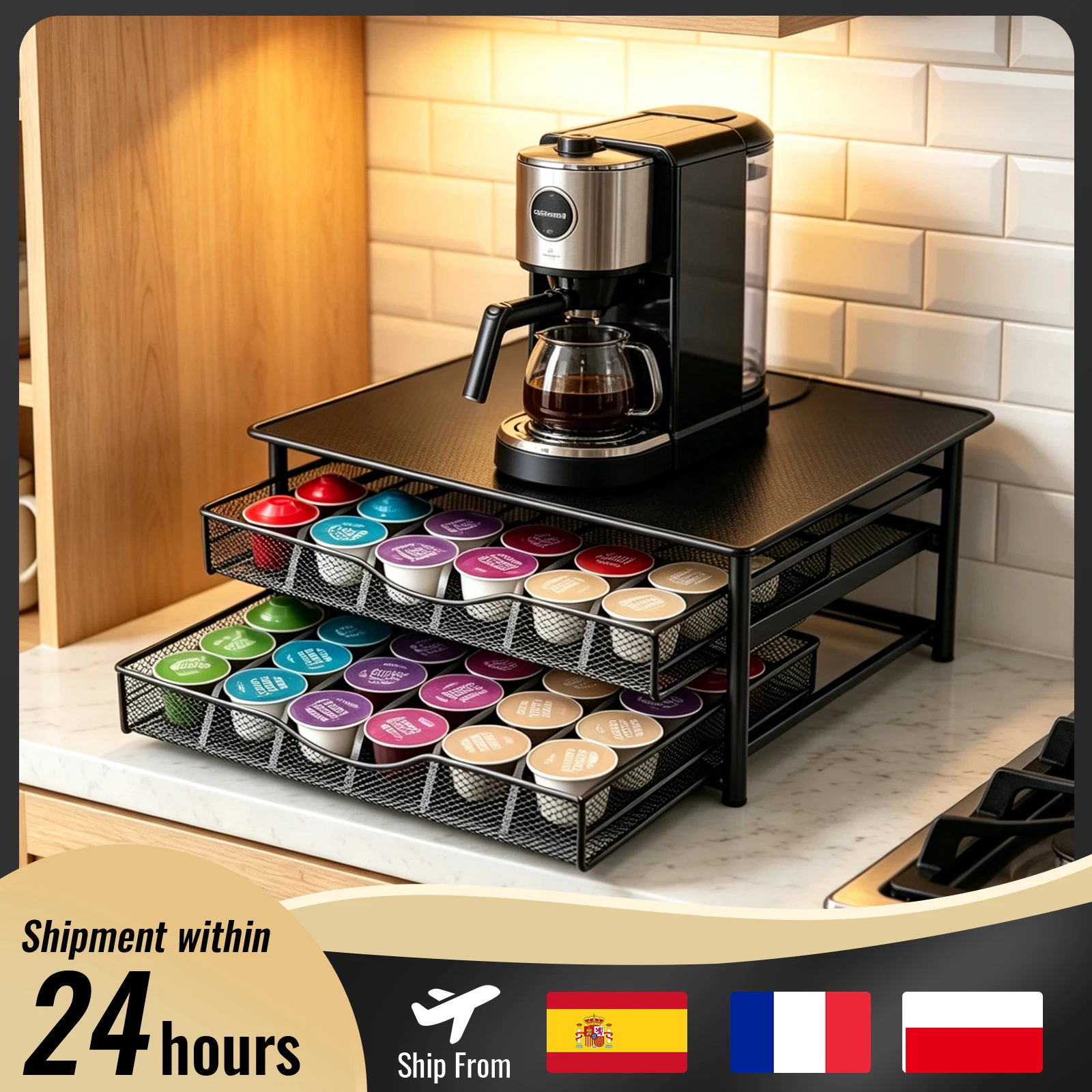 Kaffeekapselhalter für Dolce Gusto 72 Kapseln, 1/2-stufiger Schubladen-Organizer mit Kaffeemaschinenständer, Metall-Aufbewahrungsregal für Küche und Büro