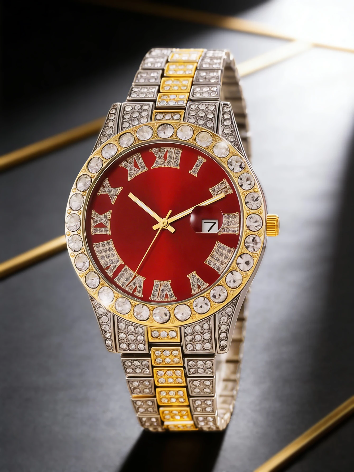 3-Piece Set, Men's Luxurious Quartz Watch with Cuban Bracelet, Cross Pendant Necklace, Stylish and Shiny, Red Watch Face, with Calendar, Perfect Gift for Halloween, Christmas, and New Year.