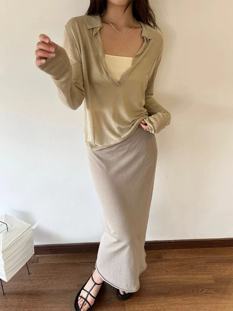 Summer elegant women's solid color jersey lapel cotton blouse