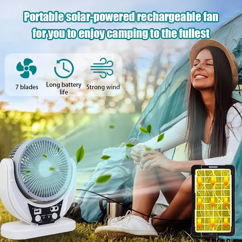 Ventilatore multifunzionale ad energia solare da 2 pezzi, lampadina di emergenza a LED, ricarica USB, funzione di luce notturna, può caricare telefoni cellulari
