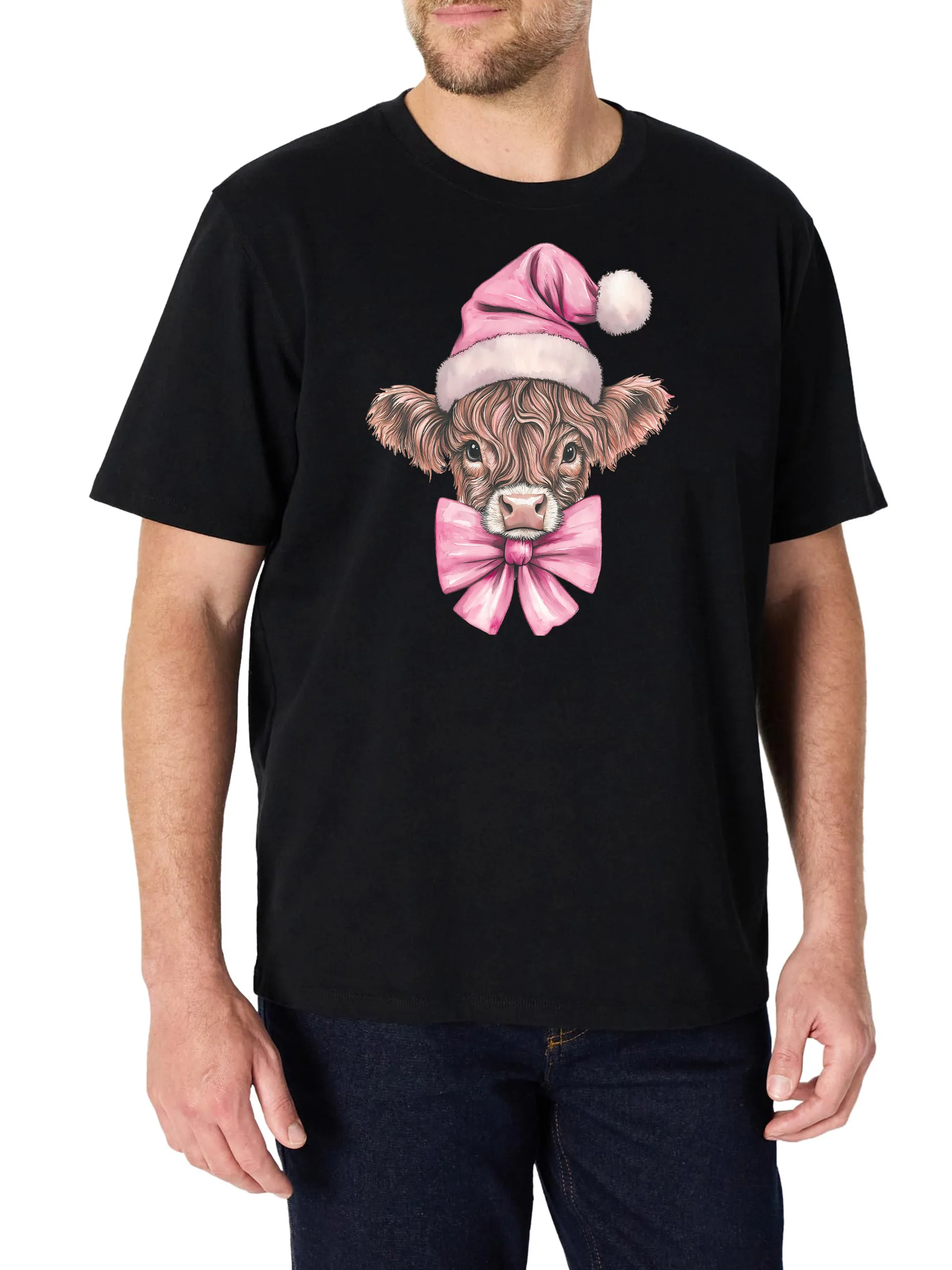 

Men's T-Shirt Highland Cattle Printed Design, Black Short Sleeve Crew Neck, 100% Cotton