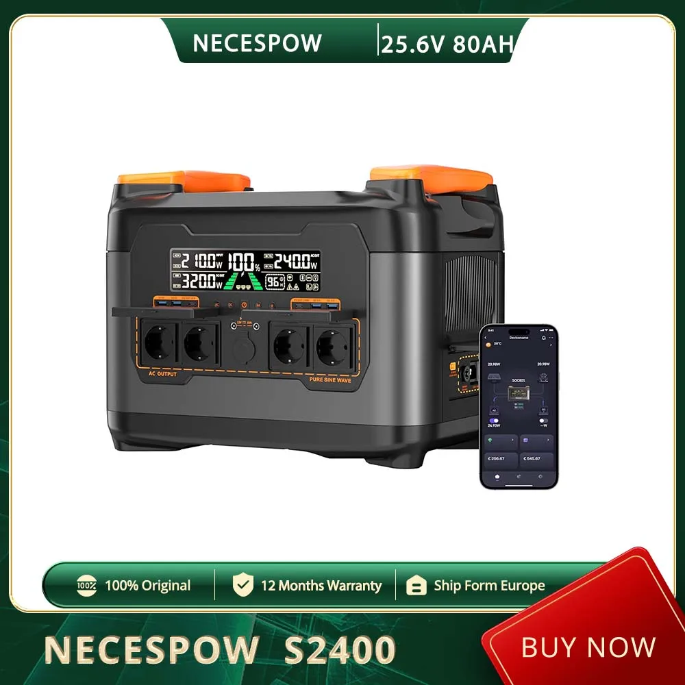 Przenośna stacja zasilania NECESPOW S2400, moc wyjściowa 2400W, 2048Wh LiFePO₄, zasilanie awaryjne UPS 20ms, 13 portów, szybkie ładowanie w 1,5 godziny, sterowanie przez aplikację.
