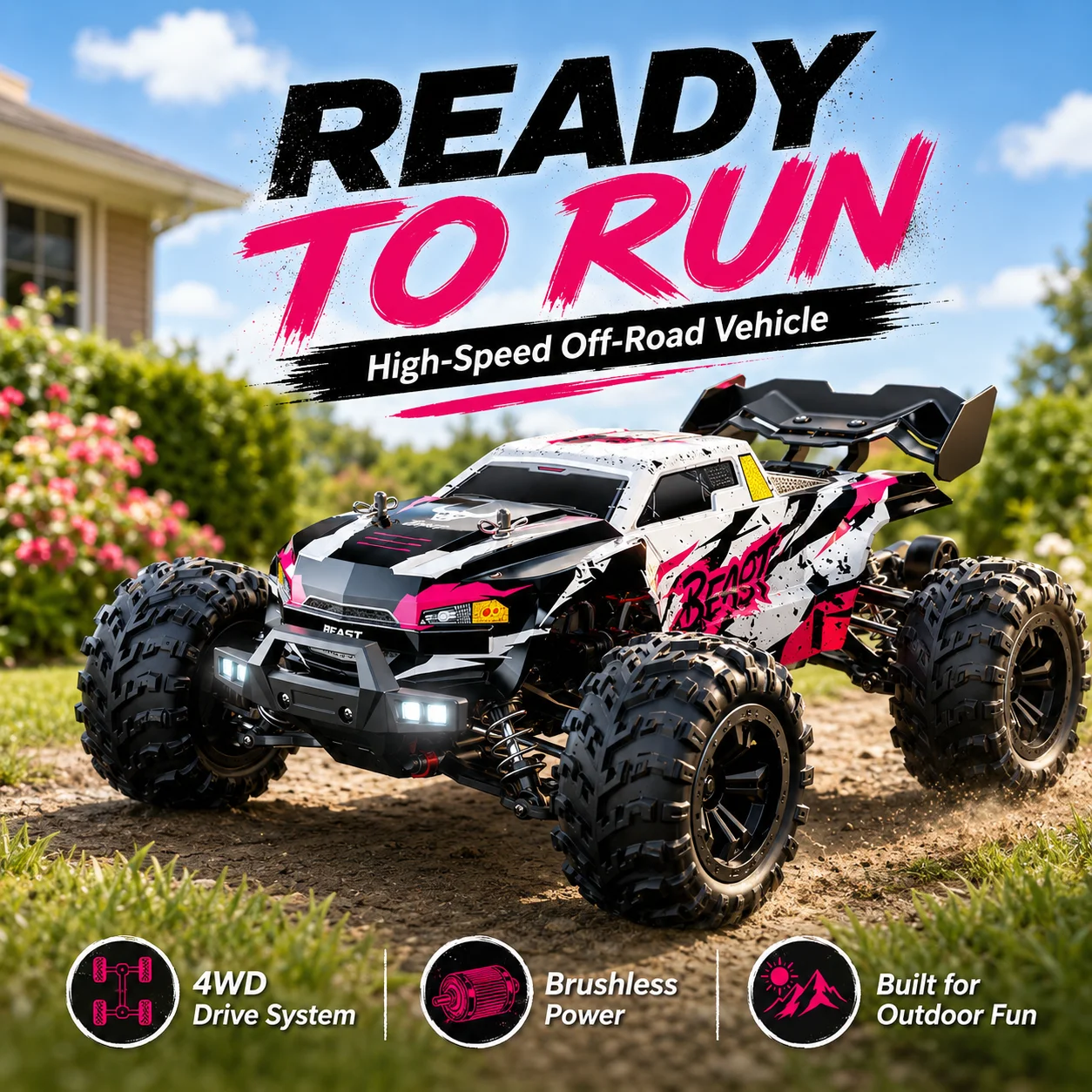 ZNLYRION 4WD Bürstenloser RC Off-Road Monster Truck 2,4GHz 3-Gang Einstellbares Ferngesteuertes Auto mit LED-Scheinwerfern, Allterrain-Großreifen Hobby RC-Fahrzeug 2 Wiederaufladbare Batterien RTR
