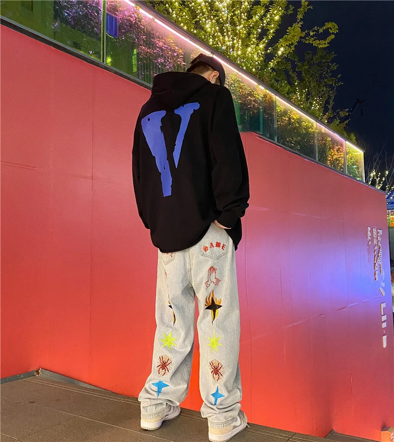 جديد المرأة الجينز محايد واسعة الساق سراويل جينز فضفاضة مستقيمة فاخرة الشباب الشارع عادية عبر التطريز الهيب هوب السراويل