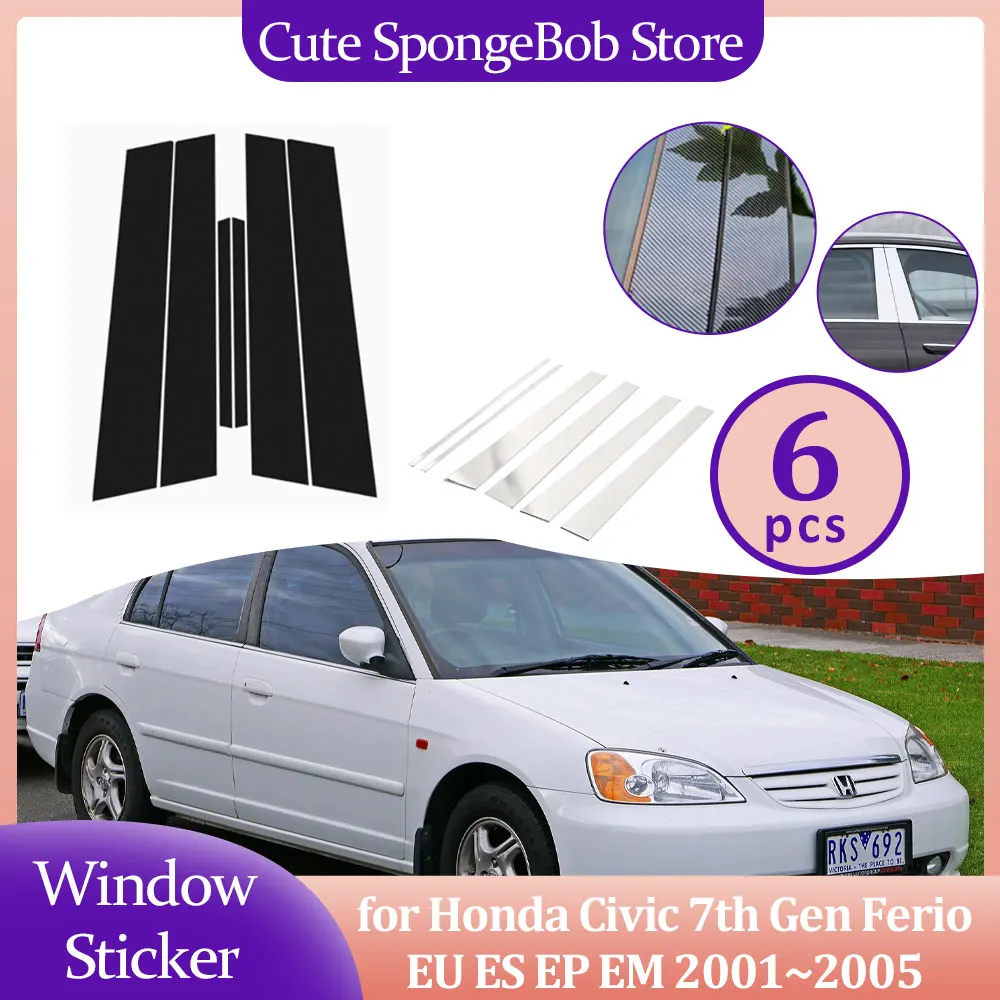 Car Door Window Trim for Honda Civic 7th Gen Ferio EU ES EP EM 2001~2005 Carbon Fiber Chrome Sticker Pillar Posts Accessories