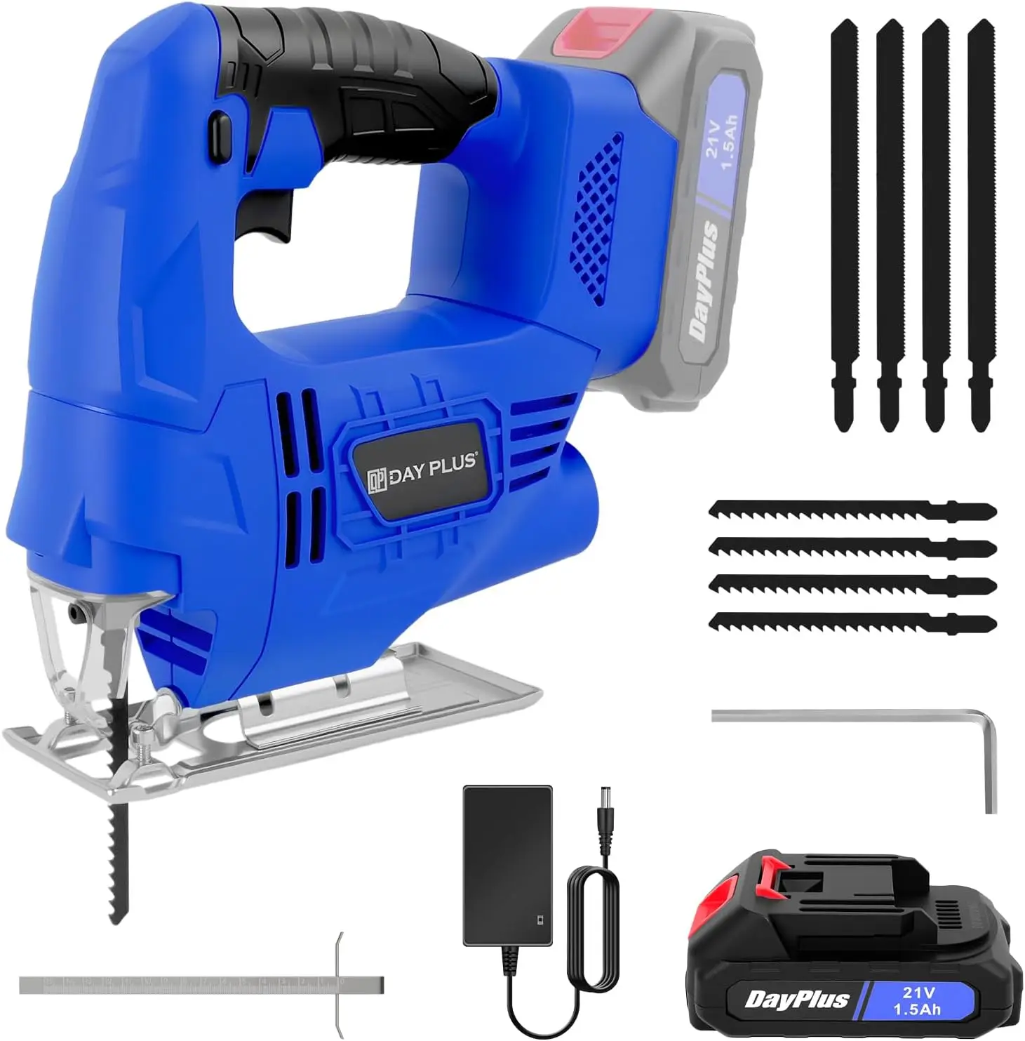 Electric Jigsaw Tool, 800W Power Jig Saws with 1500mAh Battery and Charger，3000SPM Jigsaw with LED，Angle Cut ± 45 °，with 8 PCS Sawblades for Wood Metal Working & DIY
