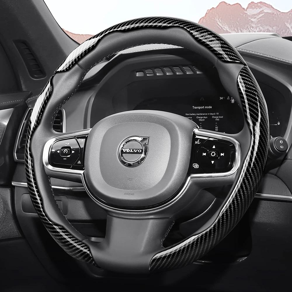 볼보 스포츠 글로시 카본 파이버 텍스처 스티어링 휠 커버 스냅온 보호 케이스 Xc60 Xc40 Ex40 Xc90 S60 Ex90 Ec40 V60 Ex30 V90 크로스컨트리 S90 Es90 블랙 자동차 인테리어 액세서리에 적합