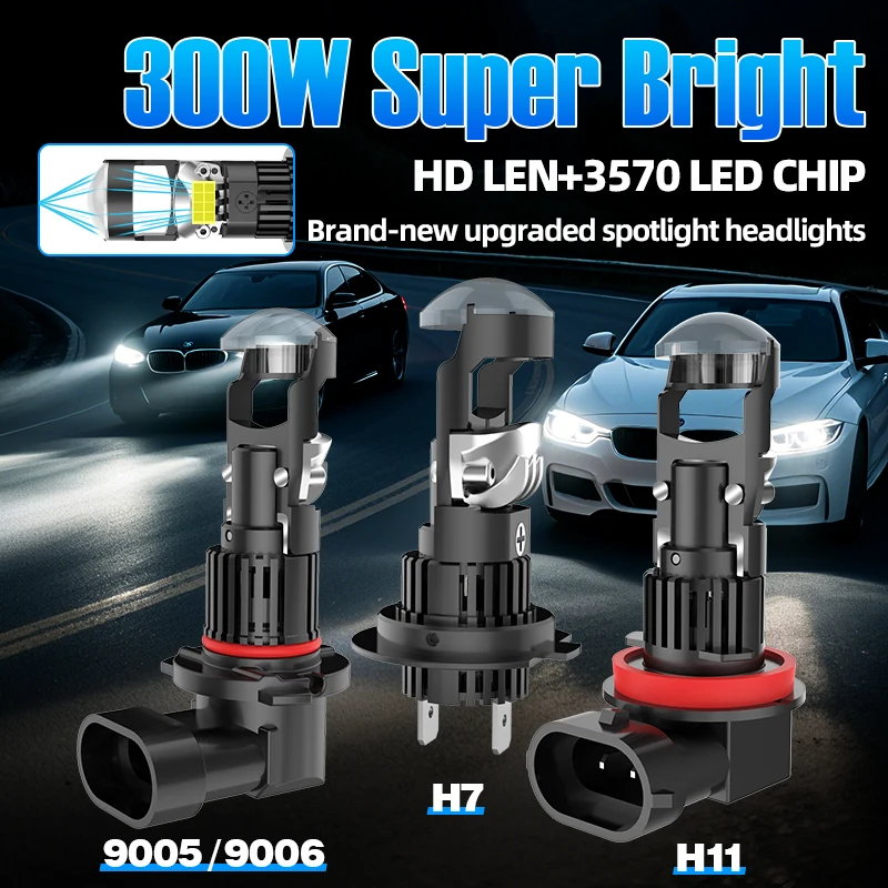 

300W H7 Bi Mini LED Projector Lens Car Bulb 2x H8 H9 H11 Auto Headlights Turbo Lamps 9005 HB3 9006 HB4 30000LM 12V 24V Plug&Play