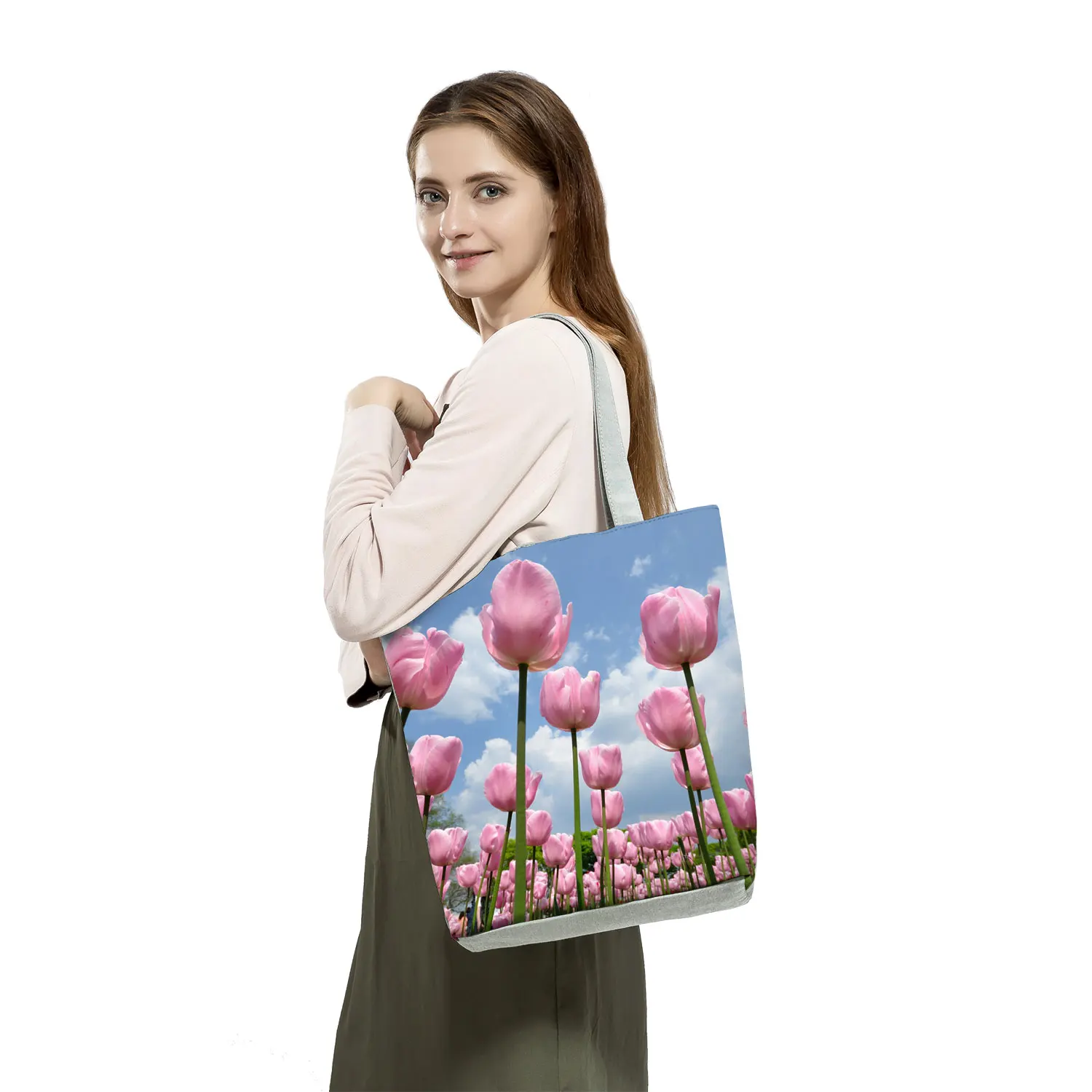 Tulip Floral Print Handbags Casual Women Shopping Tote Bags High Capacity Travel Beach Outdoor Package Female Lady Shoulder Bags