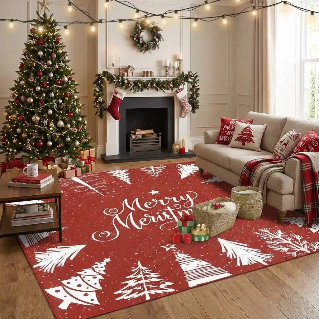 Tapis de Noël lavable antidérapant, design moderne avec sapin de Noël et flocons de neige, pour salle de bain, chambre à coucher, salle à manger, salon, doux, rouge, 120x120cm