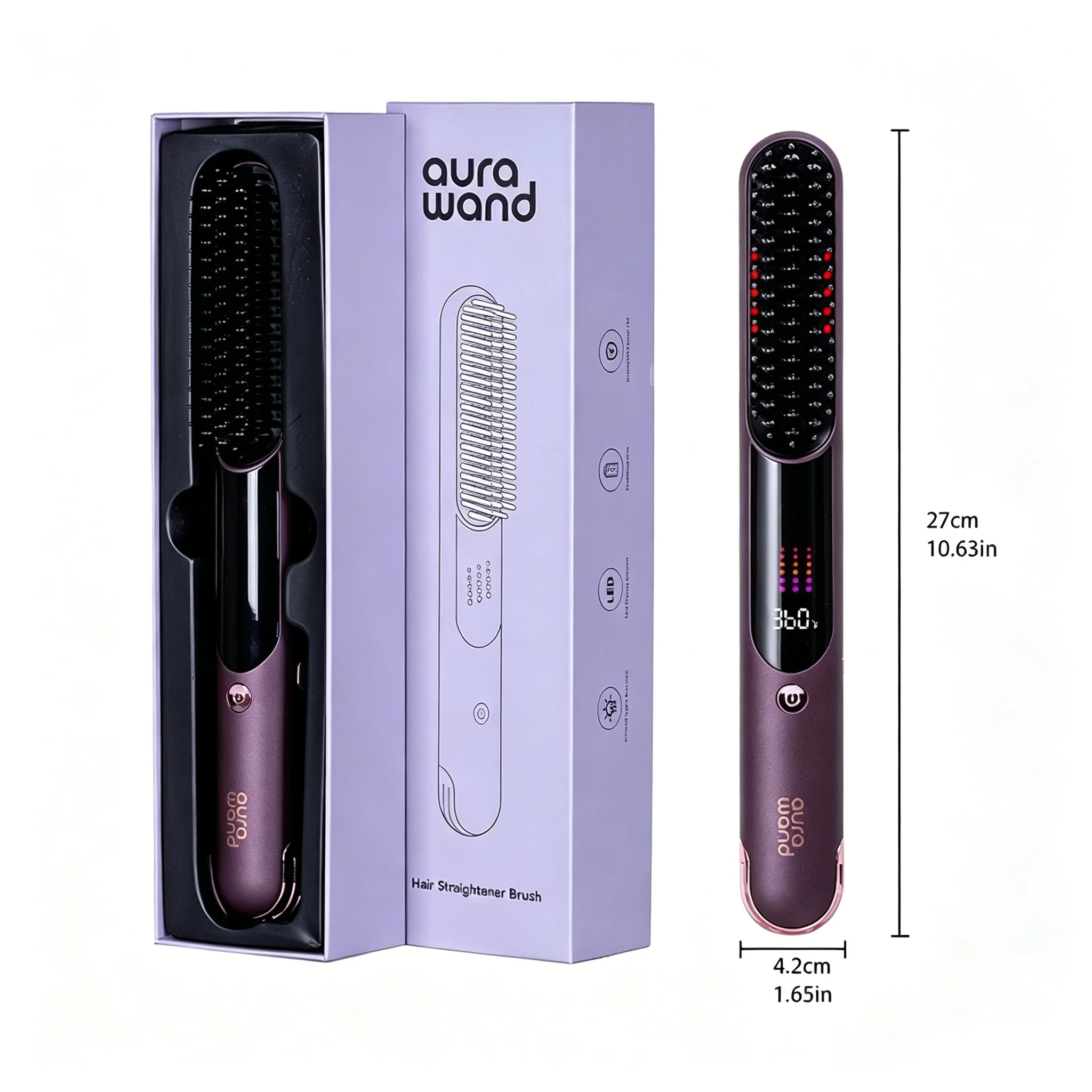 Cordless Hair Straightener Comb, Go Brush Pro with LED Display, 4 Temp Settings & Infrared Care, 55W Fast Heating, Purple