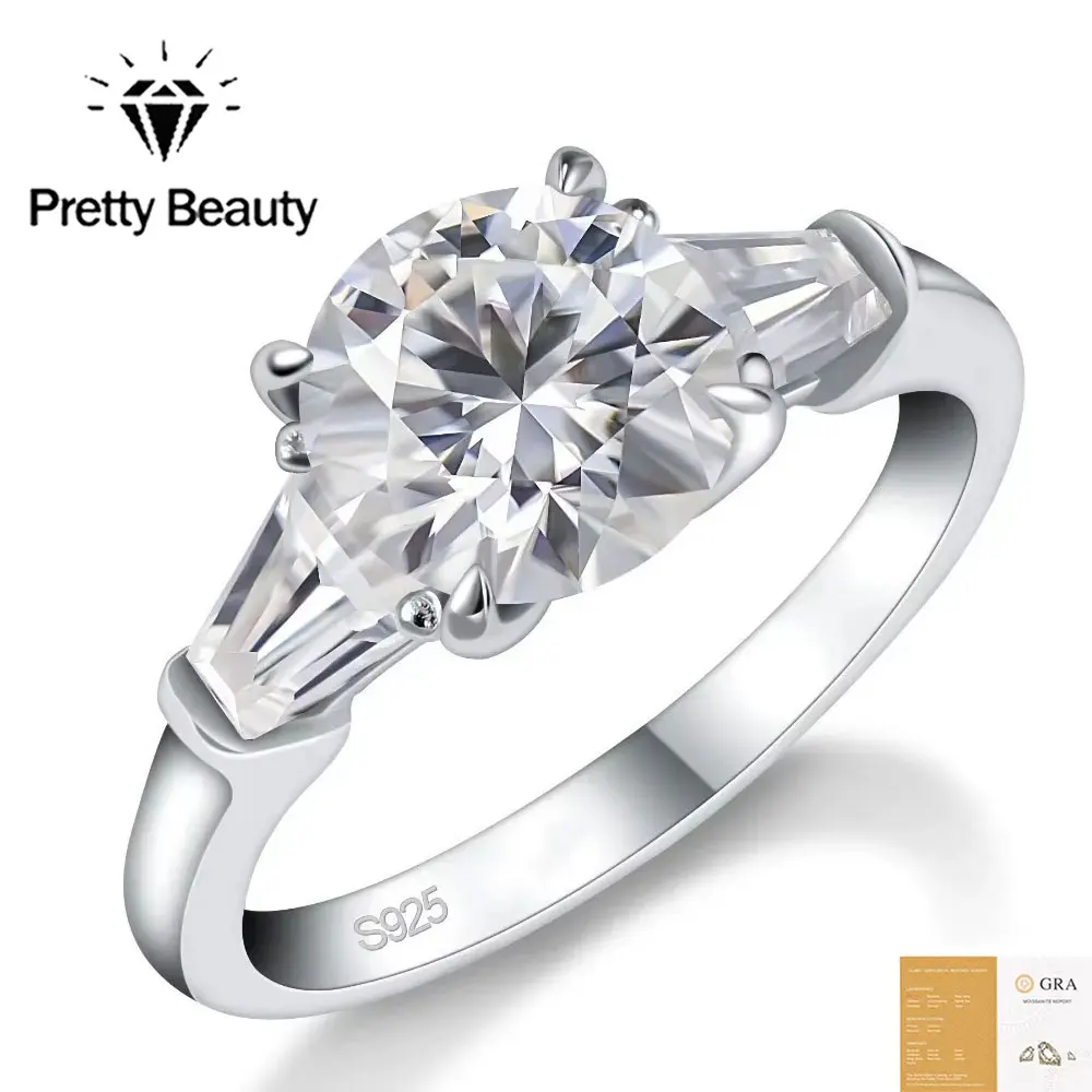 Pretty Beauty 2CT Moissanite Engagement Ring for Women 925 Silver Three Stone with 0.4ct Trapezoid Cut Side Stone Bridal Jewelry
