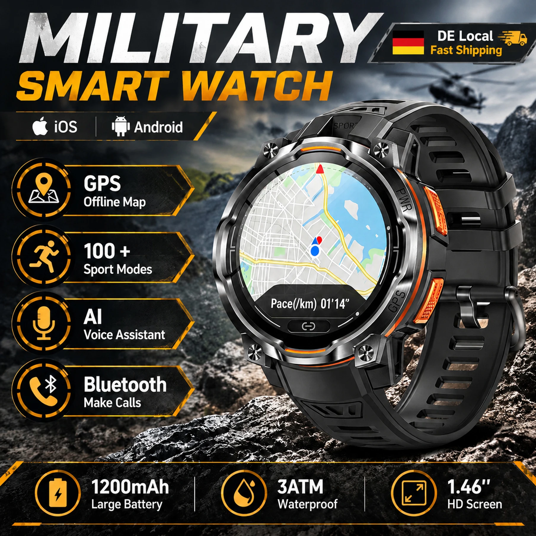 Militär‑Smartwatch für Herren mit GPS Offline‑Karte, 1,46" HD‑Display, 3ATM wasserdicht, 1200mAh Akku, 100+ Sportmodi, Bluetooth‑Anruf, Herzmonitor, KI‑Sprachassistent, kompatibel mit Android iOS für