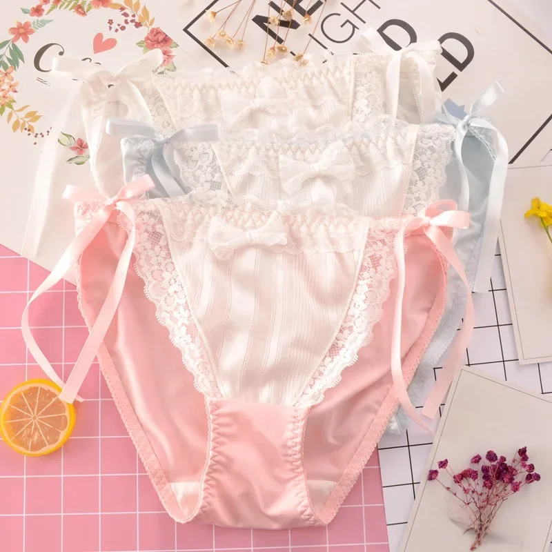 Styl japoński dziewczyna majtki łuk mleka jedwabiu kobiet koronki bielizna niskiej talii miękkie Sexy Breifs śliczne piękne Sweety Knickers — zdjęcie 2