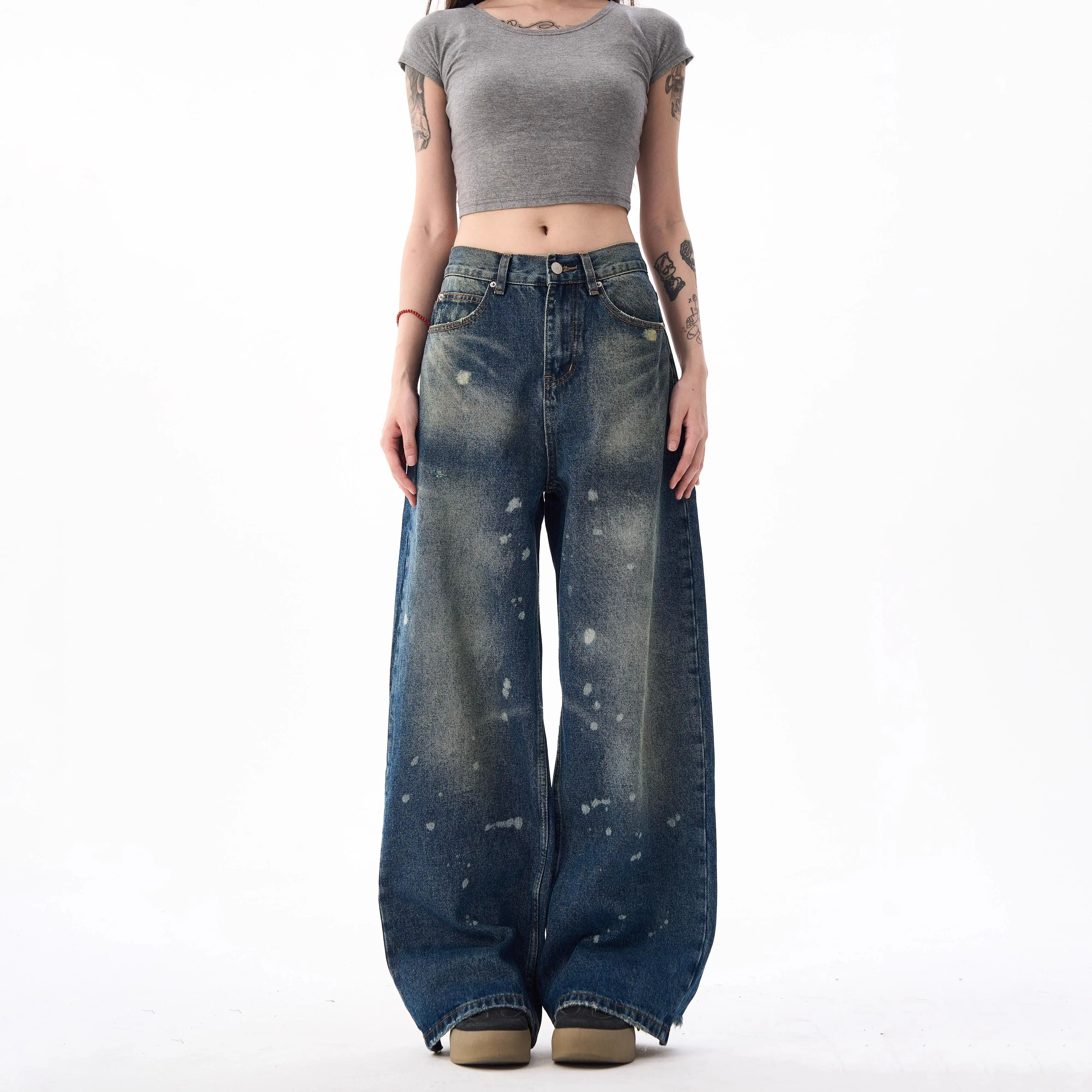 

Женские синие джинсы с разрезами чернил 2000-х годов в стиле ретро Y2k, уличная мода в стиле панк, американские свободные широкие брюки, джинсовые прямые брюки, модные