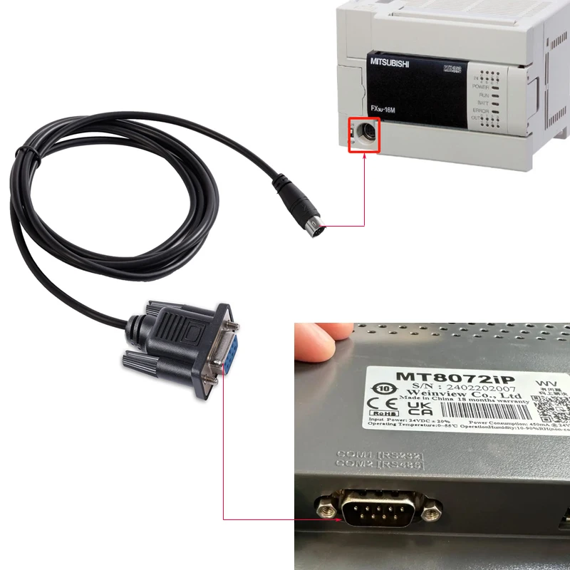 Mini Din 8 Pin Male to DB9 Female Cable for Connecting Mitsubishi FX Series PLC to Weinview MT-8072iP HMI