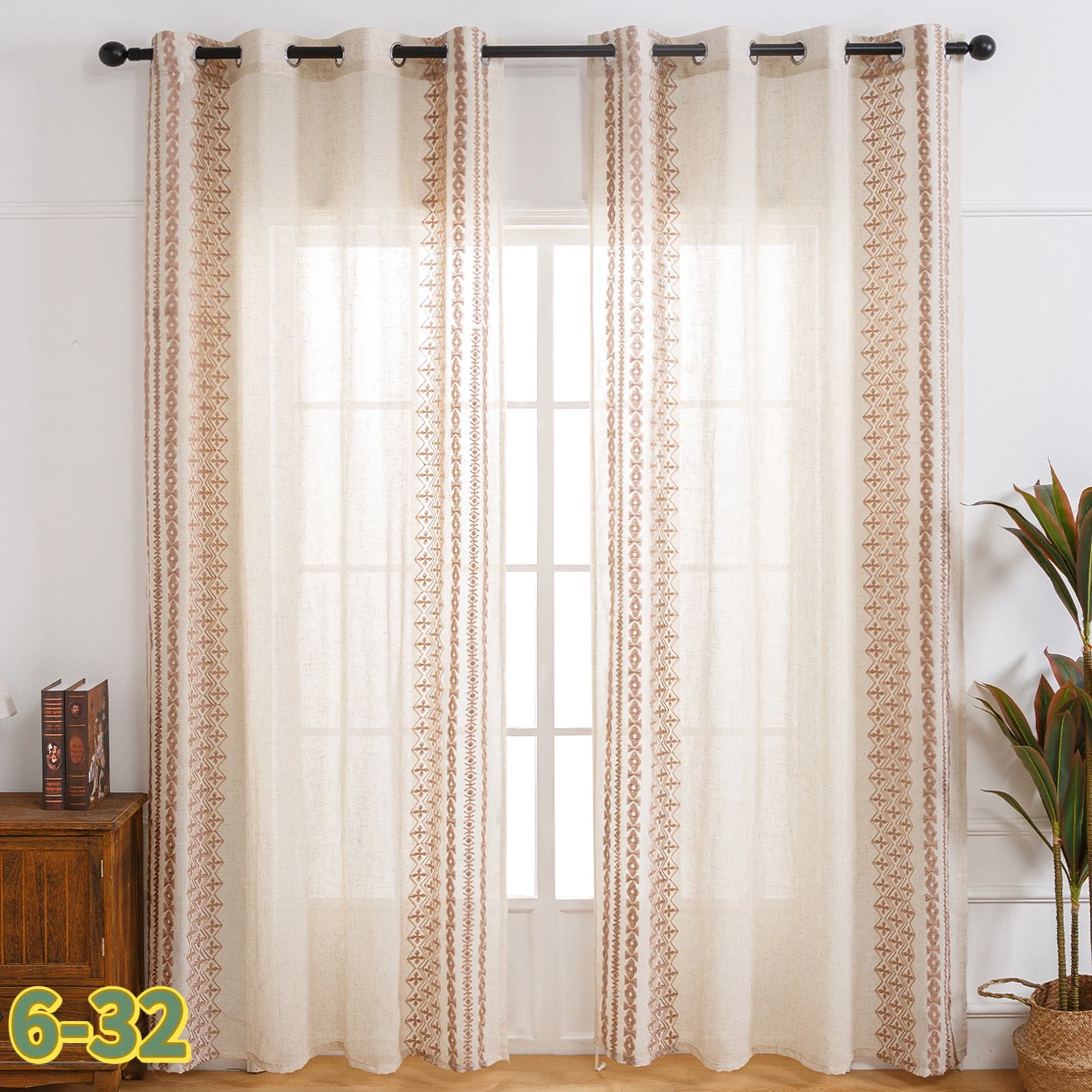 

Beige linen embroidered window screens, semi-light-blocking, fresh geometric embroidered window screens, bedroom, kitchen, livin