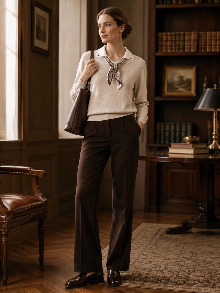 ML62115 Damen-Pullover mit Polokragen, Langarm, Strickpullover mit Kontrastkragen, Modal-Mischung mit Schal, lässiger Pullover für den Frühherbst – Detail 5