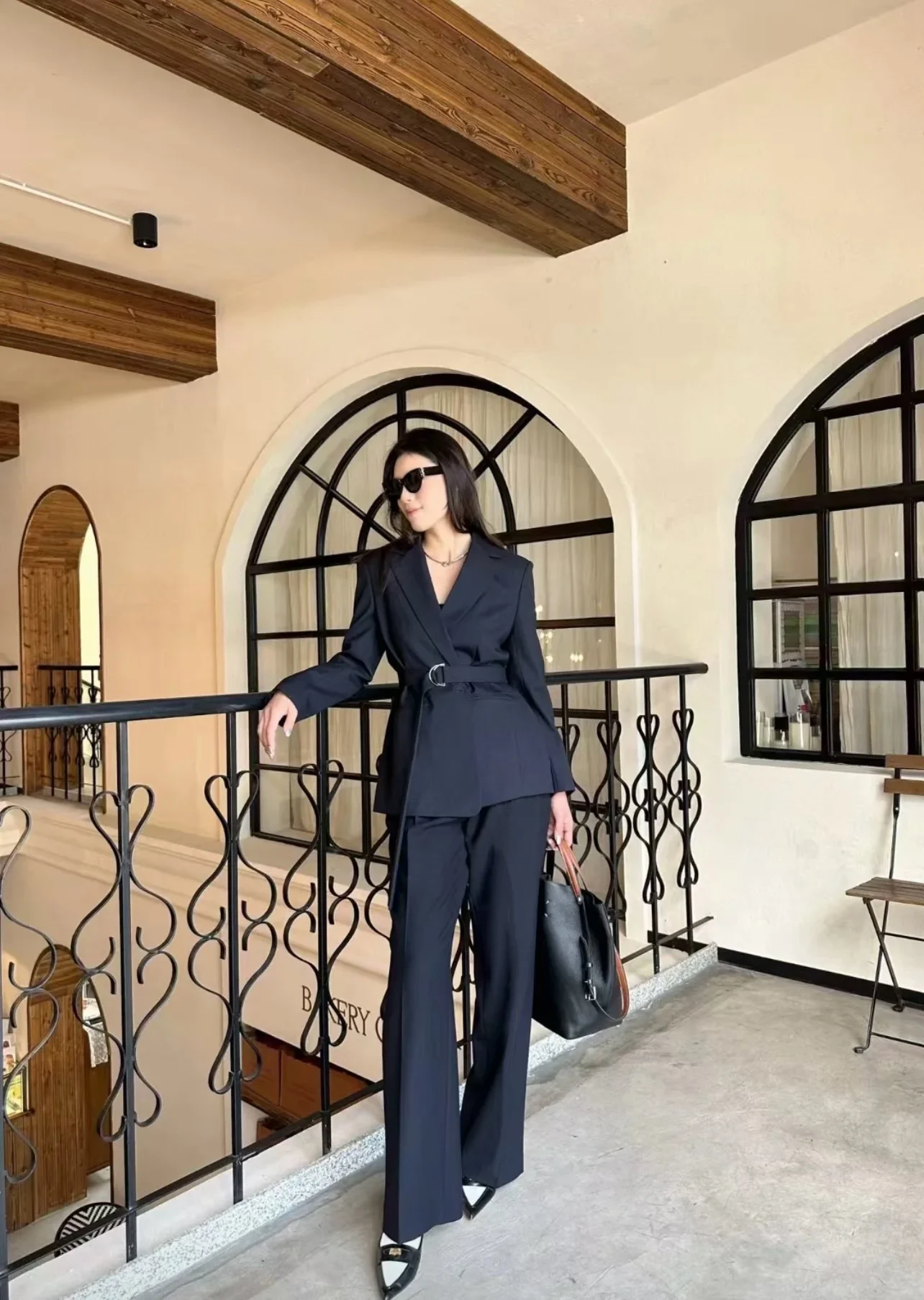 

Women's new style stylish one button suit jacket (with belt)+mid waist side pocket straight leg trousers and pants two-piece set