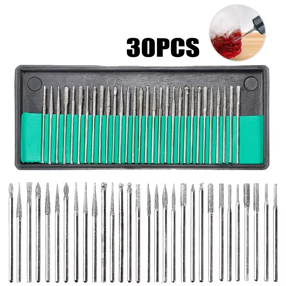 30pcs Shank Diamond Burs Set With Box For Dremel Electric Grinder Power Accessories Abrasive Drill Bit Rotary Tool Set 2.35mm