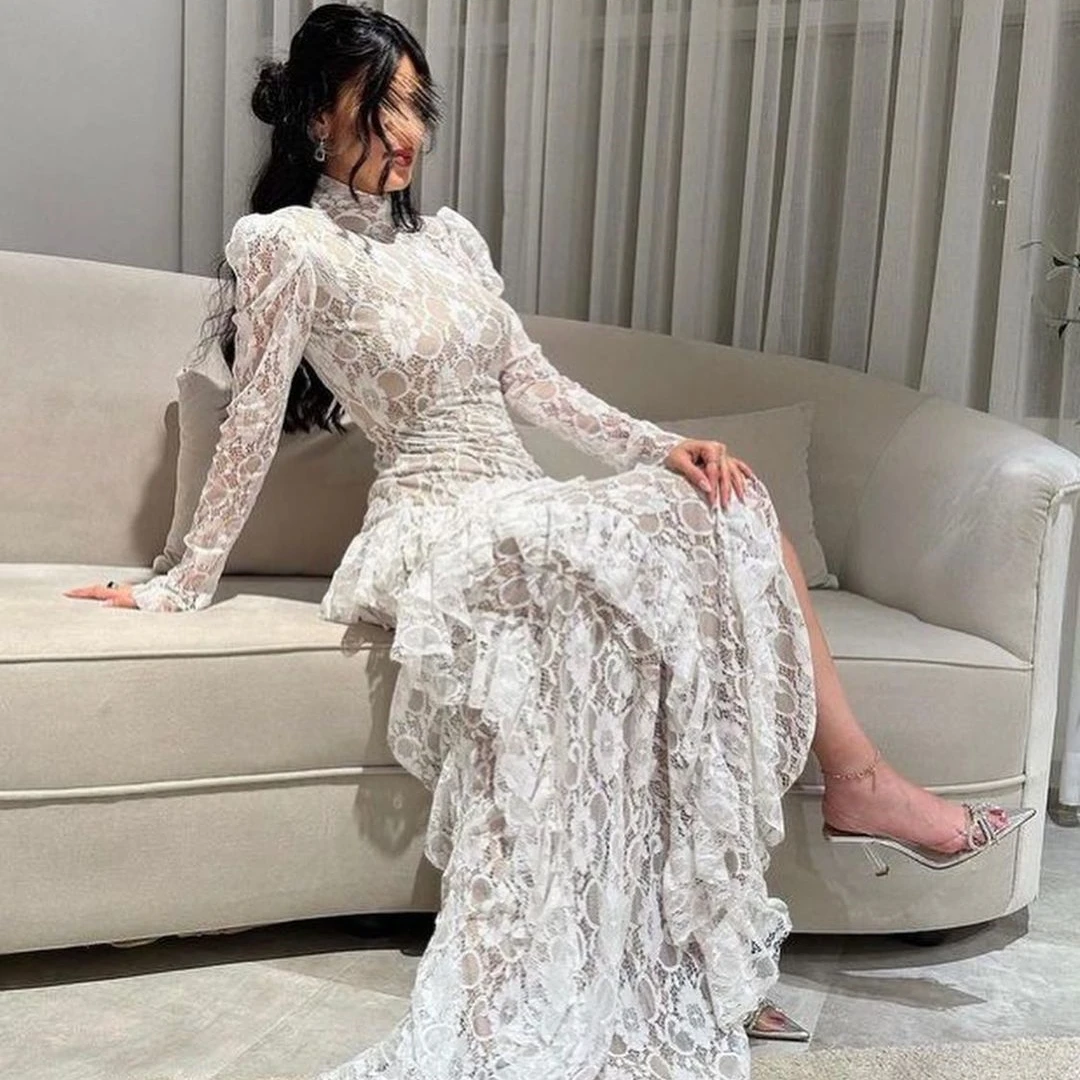 Meetlove Customized Full Sleeves Prom Dresses Floor-Length Lace Court Stain Zipper Up Wedding Party Women A-Line Grace 2023