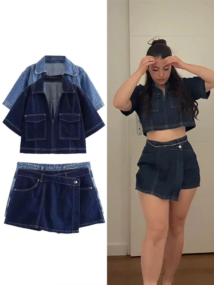 المرأة الشابة المألوف قصيرة الأكمام الخامس الرقبة الخصر يتعرض الأزرق الدنيم قميص غير المتكافئة البسيطة الدنيم تنورة Y2k الدنيم دعوى