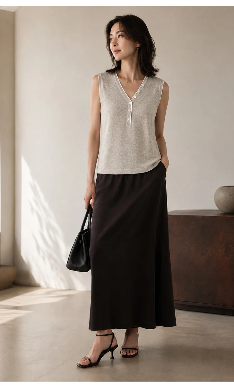 ML62129 Damen Vintage V-Ausschnitt Ärmellose Strickweste mit Kontrastbesatz und Knopfleiste aus Modal-Mischgewebe, Sommerliches Casual-Oberteil – Detail 4